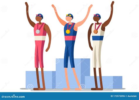 Swimming Athletes Gold Medal Olympic Podium Stock Vector - Illustration of cheering, games ...