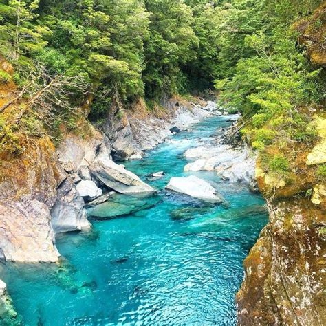 a river running through a lush green forest filled with lots of rocks and water surrounded by trees