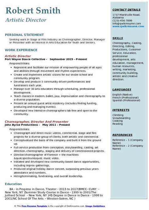 Artistic Director Resume Samples | QwikResume