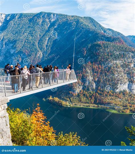 Hallstatt Skywalk World Heritage View. Tourists Visiting Skywalk Platform in Hallstatt, Salzburg ...