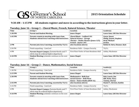 Orientation Day Schedule