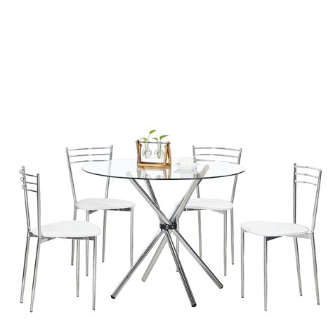 Round Small Silver Stainless Steel Legs 4 Seater Glass Dining Table ...