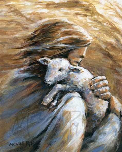 Jesus as Shepherd Holding Lamb Over Shoulder Art Print, Christian, White & Beige, Sheep, Jesus ...