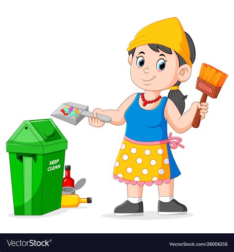 Cleaning garbage and holding brush to bin Vector Image