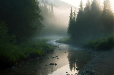 Premium Photo | Foggy landscape with pine forest and mountains