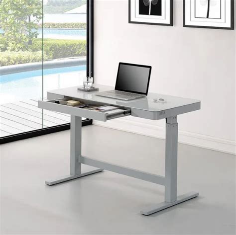 Lift Up And Down Desk Height Adjustable Electric White Raising Desk With Glass Top With Dual Usb ...