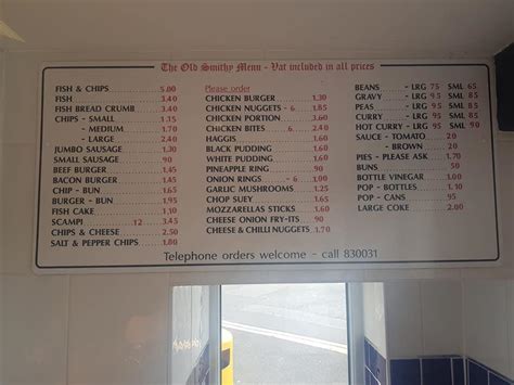 Menu at The Old Smithy fast food, Barrow-in-Furness