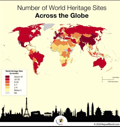 World Map depicting number of World Heritage sites in countries - Answers