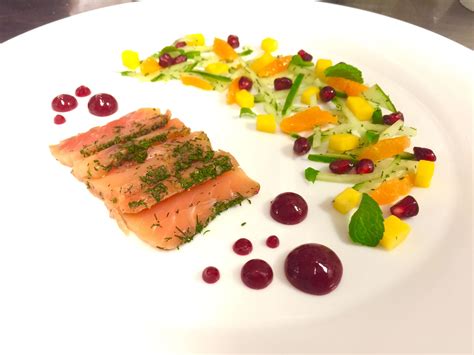 Salmon Gravlax... citrus salad (mango,pomegranate,dhill cucumber,mandarin orange) beetroot ...