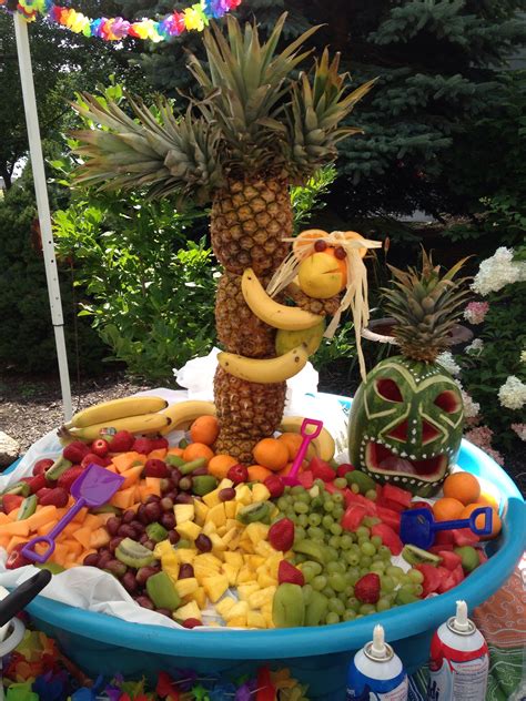 DIY. Party. Luau Party. Fruit Tray Display. Pineapple Tree. Fruit Monkey. Tiki Watermelon ...