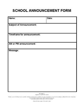 SCHOOL ANNOUNCEMENT FORM (EDITABLE) | TPT