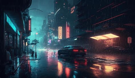 Premium Photo | A rainy night in cyberpunk city