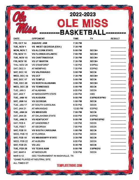 Printable 2022-2023 Ole Miss Rebels Basketball Schedule