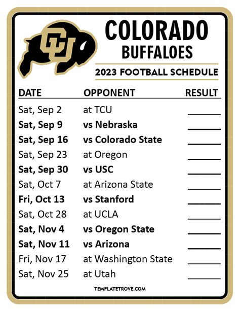 Printable 2023 Colorado Buffaloes Football Schedule