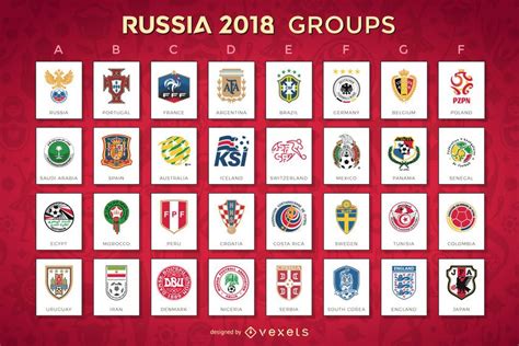 Russia 2018 World Cup design featuring every team playing divided by groups. Each design has the ...