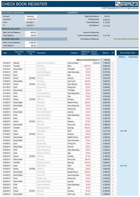 Free Excel Checkbook Register - Printable