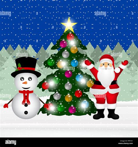 Snowman and Santa Claus with Christmas tree in the forest Stock Vector ...