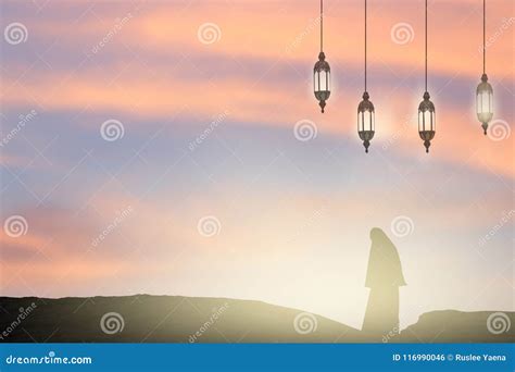 Muslim Young Woman in Hijab Standing Pray for Forgiveness Worshiping in Faith Mosque Background ...