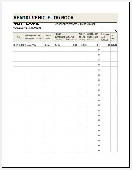 Rental Vehicle Log Book For Excel | Word & Excel Templates With Regard To Vehicle Fuel Log ...