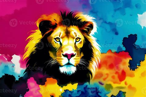 An Illustration of a lion on abstract watercolor background. Watercolor paint. Digital art ...