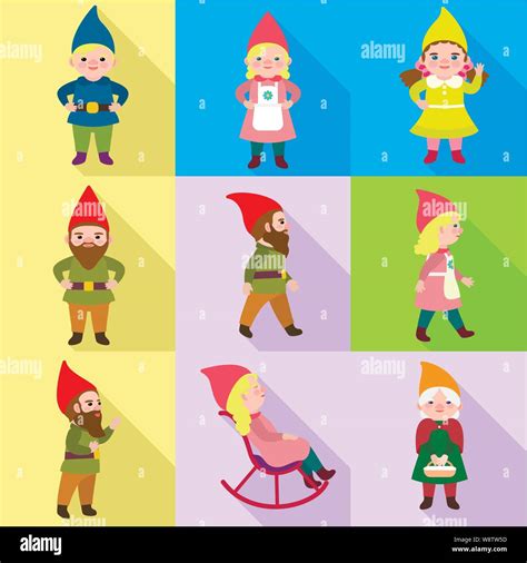 Fairy gnome icon set. Flat set of 9 fairy gnome vector icons for web design isolated on white ...