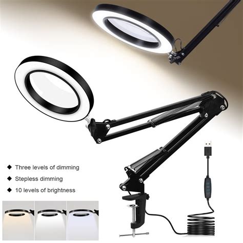 5X USB LED Magnifying Glass Desk Lamp with Clamp Magnifier Lens with Adjustable Swivel Arm Clamp ...