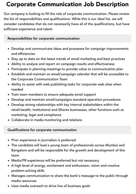 Corporate Communication Job Description | Velvet Jobs