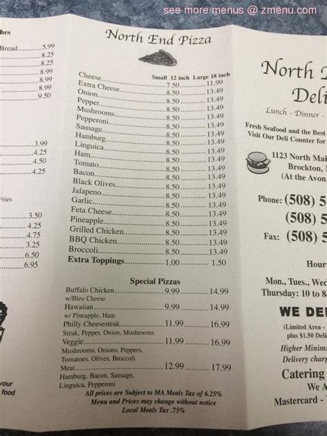 Menu at North End Market & Deli pizzeria, Brockton