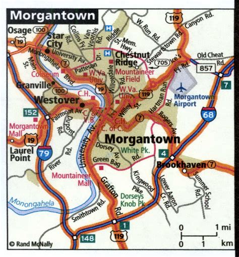 Morgantown city road map for truck drivers area town toll free highways map - USA