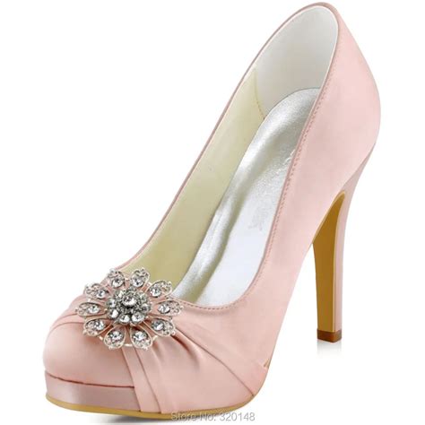 Woman High Heel Platform Wedding Shoes Pink Size 11 Rhinestone Satin Bride Lady Evening Prom ...