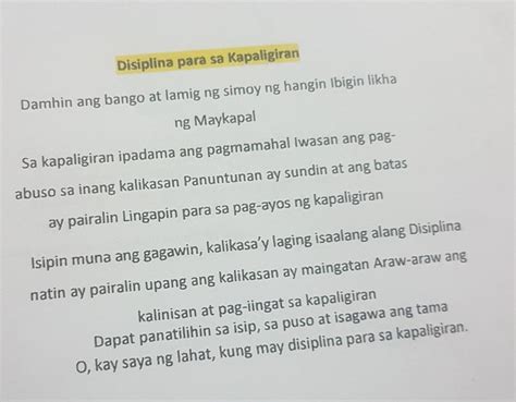 Sagutin ang mga tanong:1.Tungkol saan ang binasang tula?2.Ano-ano ang magandang halimbawa na ...