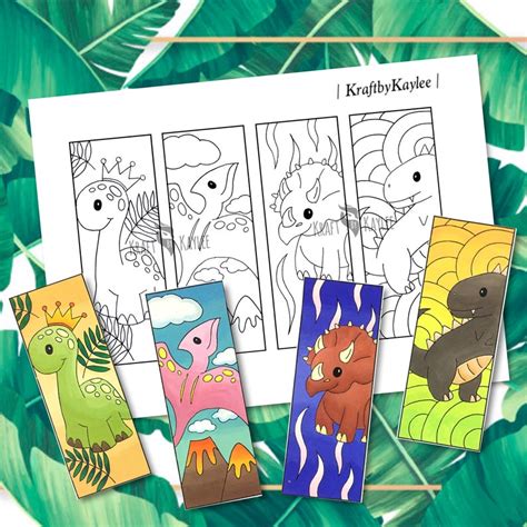 Cute Dinosaur Coloring Bookmarks Set of 4 PDF download | Etsy