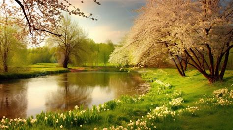 Beautiful Landscape With Spring Flowers And A River Background, Nature ...