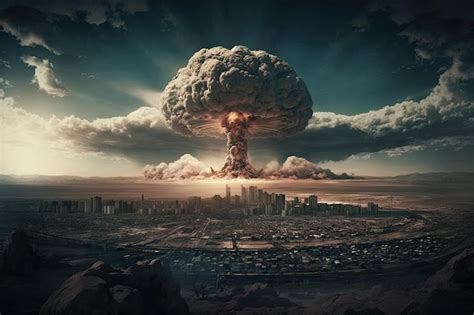 Premium Photo | Fallout cloud from nuclear bomb with view of destroyed city in the background