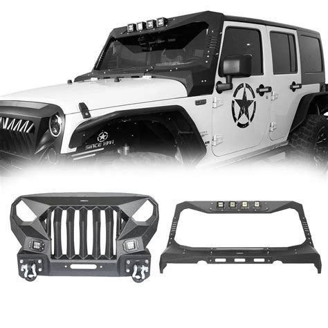 Front Bumper w/Grille Guard & Windshield Frame Cover for 2007-2018 Jeep Wrangler JK - LandShaker 4x4