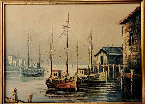 Oil painting of fishing boats, Furniture & Home Living, Home Decor ...