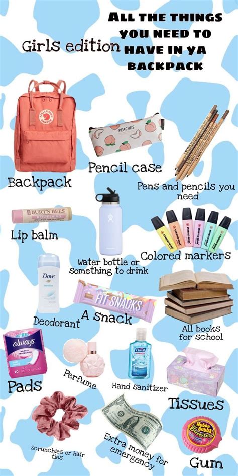 an image of the back pack for girls with all the things you need to ...