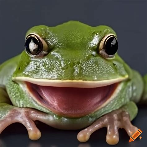 Close-up photo of a laughing frog with a human face