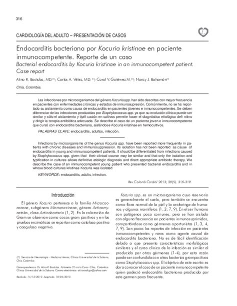 (PDF) Endocarditis bacteriana por Kocuria kristinae en paciente inmunocompetente. Reporte de un ...