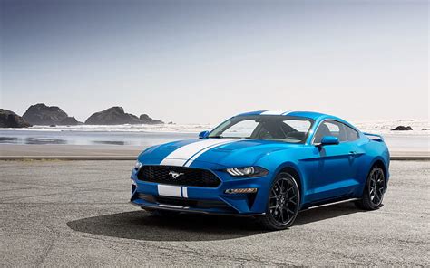 Ford Mustang, 2019, blue sports coupe, coast, blue Mustang, sports car, Performance Pack, HD ...