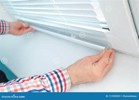 Young Man Installing Window Shades Stock Photo - Image of frame ...