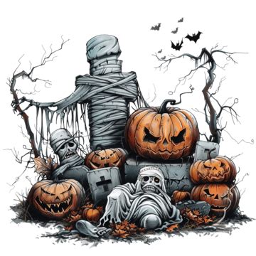 Halloween Pumpkin Monsters And Mummy At Cemetery, Halloween, Holiday ...