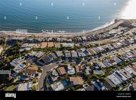 Aerial of ocean view Los Angeles homes in Pacific Palisades Stock Photo ...