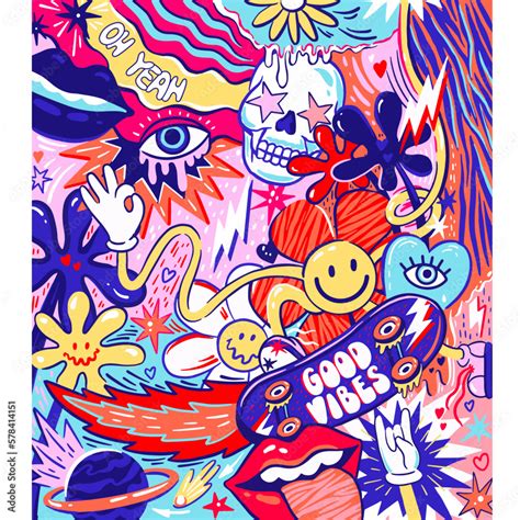 Good vibes only, vector hand drawn art with preppy aesthetic psychedelia style Stock Vector ...