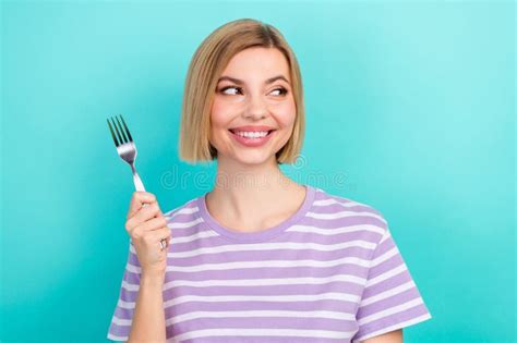 Photo Portrait of Young Look Interested Mockup Bob Blonde Hair Girl Hold Fork Want Eat Yummy ...