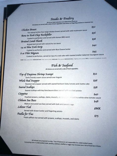 Menu at Top of Daytona Restaurant, Daytona Beach