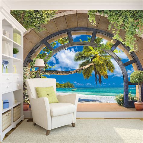 3D Window Beach Palm Tree Self-adhesive Living Room Wallpaper Wall ...