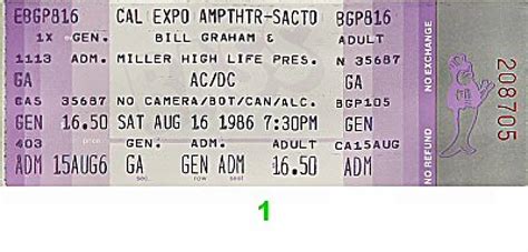 AC/DC Vintage Concert Vintage Ticket from Cal Expo Amphitheater, Aug 16, 1986 at Wolfgang's