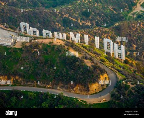 Aerial view, Hollywood Sign, Hollywood sign on Mount Lee Drive from ...