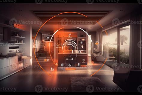 Photo of a futuristic smart home, showcasing automated systems and interconnected devices ...